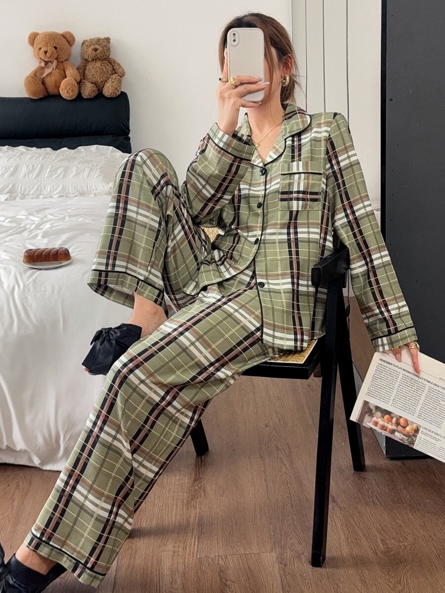 Napfluff Plaid Contrast Trim Lapel Open Front Long Sleeve Pants Pajama Set - Multicolor - View 1