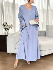 Yasmyna V-Neck Pearl Button Floral Water-Soluble Lace Bell Sleeve Elegant Loose Long Blue Arabian Dress - Blue - View 6