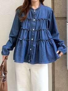 FRIFUL Jaket Denim Kasual Wanita Lengan Panjang Kancing Tunggal Berlapis-lapis dengan Hiasan Rumbai - Biru - View 1
