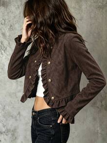 SHEIN Women's Solid Color Casual Versatile Daily Long Sleeve Jacket - Brown - View 6