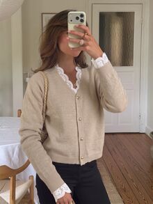 Serisse Women's Sweet Lace Patchwork Button Knit Cardigan - Apricot - View 1