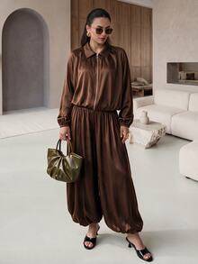 Rue Lumi Women's Loose Solid Color Cuffed Leg Long Pants, Fall High Tea Everyday Dark Brown Casual Elegant Thanksgiving Brunch - Brown - View 5