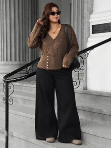Vionelle Autumn Plus Size Wrap V-Neck Knit Top, Women's Long Sleeve Asymmetrical Ribbed Hem Slim Fit Business Casual Elegant Sweater Brown Office Formal - Coffee Brown - View 4