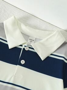 SHEIN Mirajuku 男童拼色條紋長袖POLO衫 大童休閒學院風翻領套頭上衣 秋季服飾 秋季風格 黑色上衣 - 彩色 - 查看 3