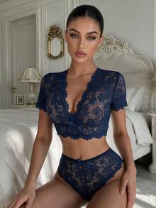 SHEIN 女款 2 件組蕾絲內衣套裝 - 藏蓝色 - 查看 5