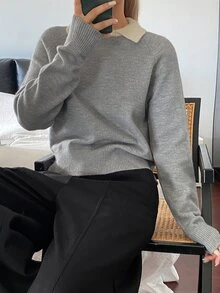 DAZY 女款拼接撞色寬鬆長袖領口休閒度假韓風日常秋冬針織毛衣 - 灰色 - 查看 1