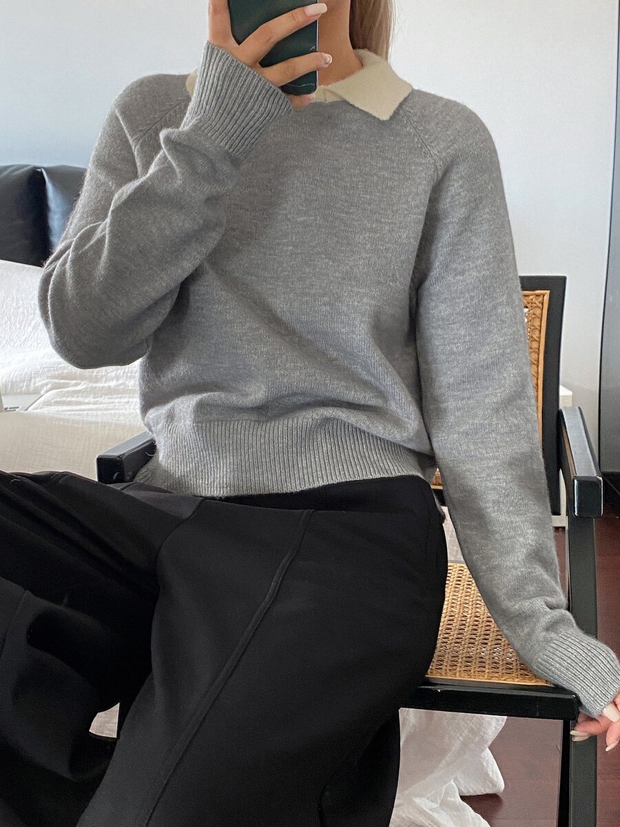 DAZY 女款拼接撞色寬鬆長袖領口休閒度假韓風日常秋冬針織毛衣 - 灰色 - 查看 1