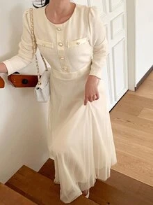 DAZY Patchwork Fitted Long Sleeve Cinched Waist Elegant Formal Korean Style Autumn/Winter Midi Dress For Women Vacation - Apricot - View 5