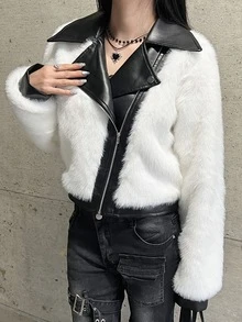 FRIFUL 女款毛絨拼接休閒街頭風性感百搭日常長袖外套 秋季夜生活 黑白配色 - 杏色 - 查看 6