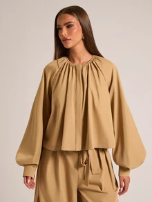 SHEIN BAE Women's Loose Casual Solid Color Round Neck Ruched Washed Double-Layer Placket Open Front Lantern Sleeve Trench Coat Jacket - Khaki - View 6