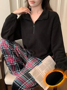 DAZY Bộ đồ ngủ nữ mùa thu/đông gồm áo kẻ caro và quần dài - màu đen - Xem 3
