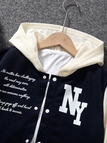 SHEIN Boys' Autumn/Winter Fleece Hooded Letter Print Jacket, Campus Jacket, Sports Jacket - Navy Blue - View 4