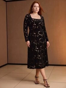 MOTF PREMIUM PLUS SIZE WOMEN'S VELVET EMBROIDERED HOLLOW OUT ELEGANT STRAIGHT DRESS - Black - View 5