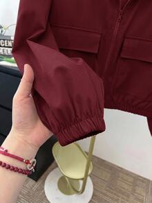 SHEIN 青少年女孩編織純色貼袋短版寬鬆休閒連帽外套，秋冬款，度假風 - 酒紅色 - 查看 4