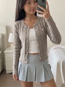 青少年女孩針織星星開襟衫，冬季返校畢業短版毛衣，圓領長袖鈕扣休閒寬鬆秋季上衣 - 卡其色 - 查看 4