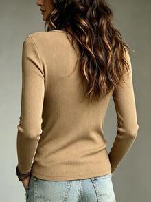 Glimmora Plus Size Women's Autumn/Winter Vintage Rivet V-Neck Ribbed Long Sleeve Top, Slim Fit Flattering Elastic Knit Base Layer, European And American Style Commute Casual Versatile Ribbed Long Sleeve Innerwear, Gentle Elegant Slim Fit All-Match Outerwear Top - Khaki - View 2