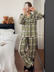 Napfluff Plaid Contrast Trim Lapel Open Front Long Sleeve Pants Pajama Set - Multicolor - View 5