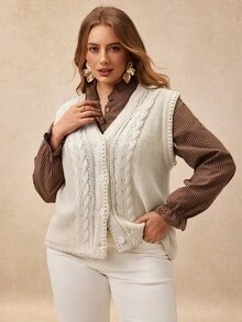 Écloséra Curve Plus Size Women's Elegant Versatile Twisted Rope Cable Knit Button V-Neck Sleeveless Vest Cardigan, Suitable For Outings, Dates, Daily Wear - Apricot - View 3