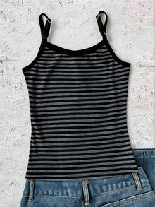 SHEIN Elladie kids Teen Girl Button Design Striped Camisole, All-Match Versatile Daily Style, Perfect For Everyday Wear, Outdoor Travel And More - Black - View 2