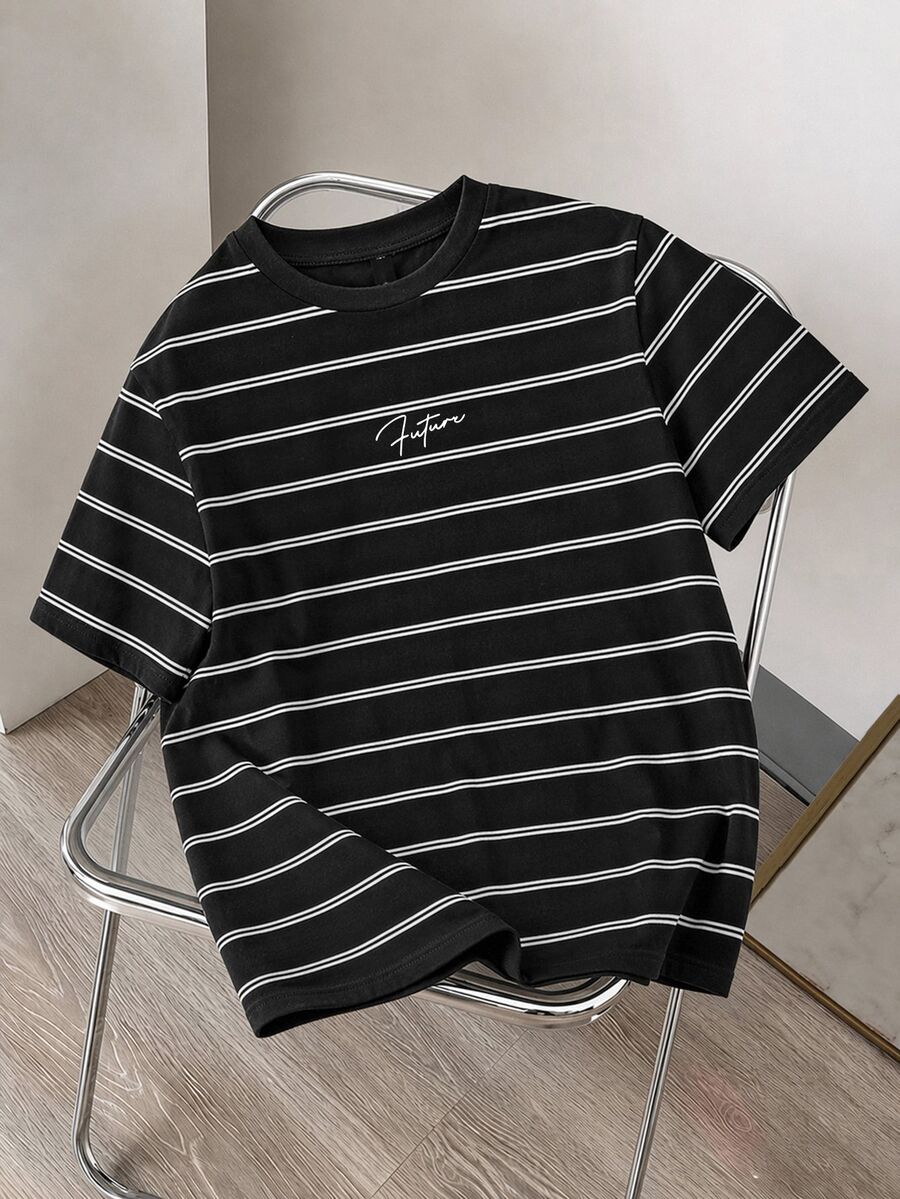 Daypath Plus Size Men's 87% Cotton Black Striped T-Shirt, Minimalist Logo Graphic Design, Versatile For Daily Wear - Black - View 1