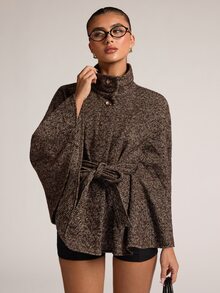 SHEIN BAE 秋冬優雅通勤披肩袖繫帶夾克 - 棕色 - 查看 5