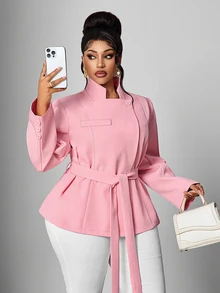 Maweii Plus Size Pink Casual Design Tie Waist Stand Collar Long Sleeve Commute Interview Business Blazer - Pink - View 1