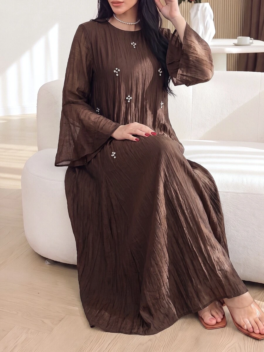 Yasmyna Women's Elegant Textured Rhinestone Arabian Dress - Coffee Brown - View 1