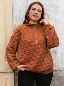 EMERY ROSE Plus Size Women's Solid Color Casual Daily Long Sleeve Zip-Up Sweatshirt,Autumn/Winter,Going Out,Winter,Business,Everyday Wear - Brown - View 9