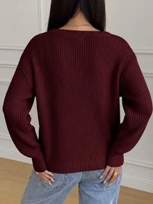 SHEIN 青少年女孩休閒條紋針織毛衣，簡約時尚，適合日常穿著，秋冬季 - 酒紅色 - 查看 2