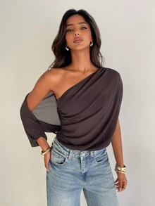 Aloruh Minimalist Commuter Elegant Sexy Versatile Premium One Shoulder Ruched Mixed Fabric Patchwork Long Sleeve 's Bodysuit - Brown - View 3