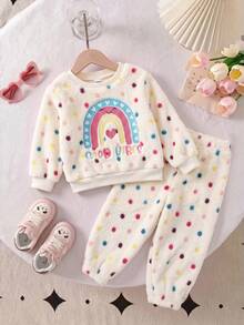 SHEIN 女嬰女寶寶可愛波點毛絨刺繡家居服套裝 秋冬款 - 白色 - 查看 5