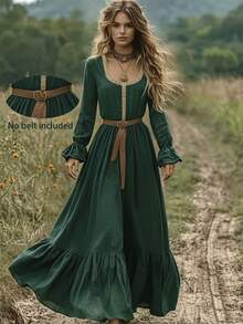 Zayélia Women's Contrast Lace Ruffle Cuff Western Style Long Dress - Green - View 1
