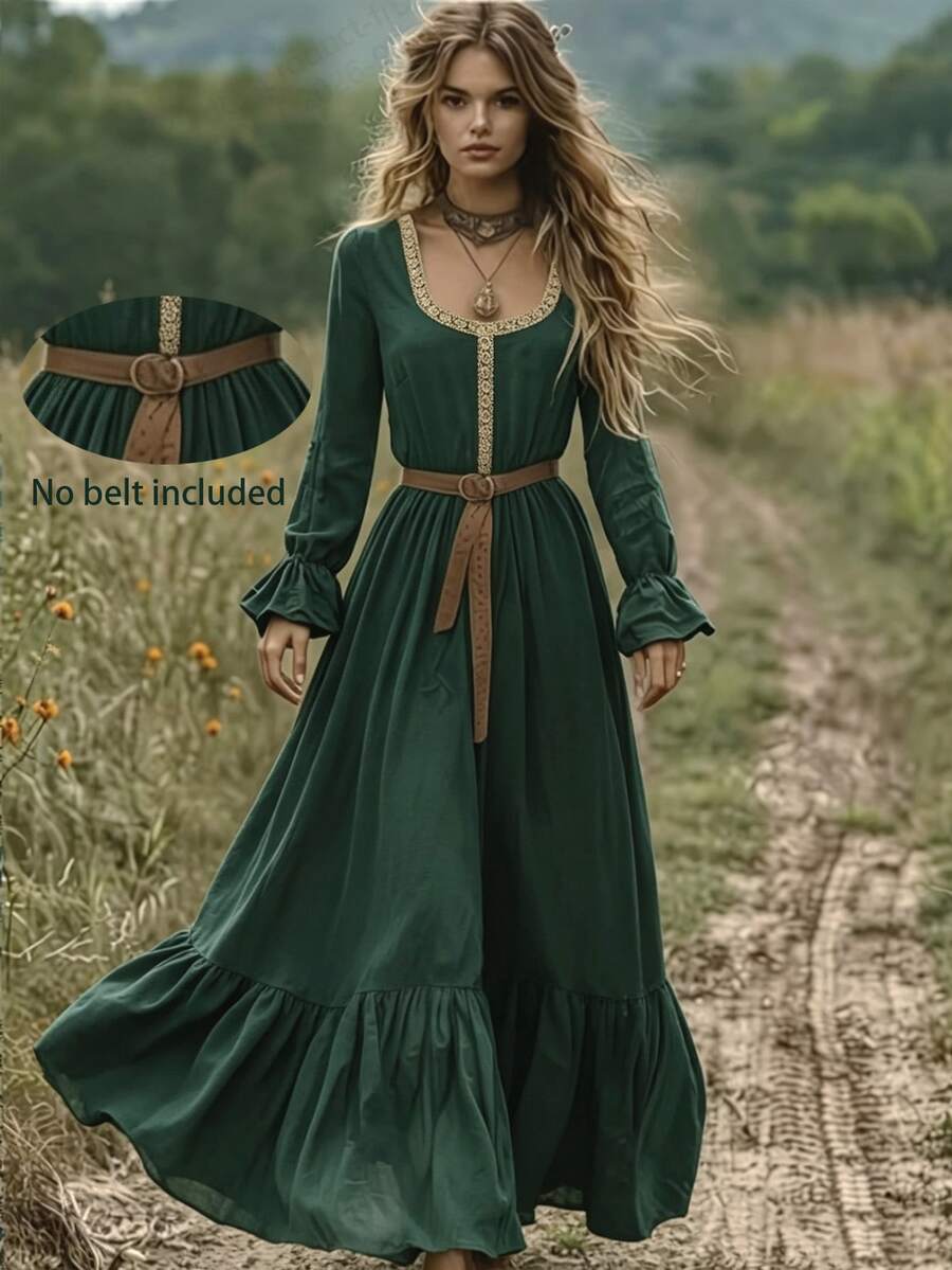Zayélia Women's Contrast Lace Ruffle Cuff Western Style Long Dress - Green - View 1