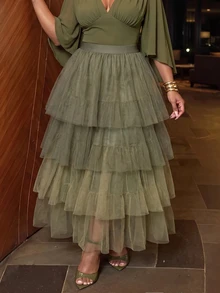 Slaydiva Spring/Autumn New Style Elegant Luxurious Party, Wedding Season, Graduation Season, Cocktail Party, Birthday Party, Date, Ball And Other Occasions Loose Fit Color-Block Green Multi-Layer Sheer Mesh Exaggerated Ruffle Patchwork Women's Plus Size Extra Long Skirt-A - Multicolor - View 2