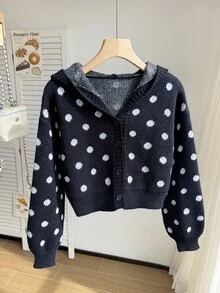 SHEIN 女童時尚休閒清新短版黑白波點秋冬連帽長袖針織開襟毛衣，柔軟舒適，適合日常穿著、外出、旅行、度假、育兒及各種場合，亦適用於秋冬季節、聖誕節、萬聖節、開學季、派對等場合，春夏秋冬百搭衣物 - 黑色 - 查看 7