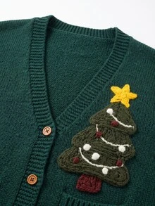 Grovea Plus Size 3D Christmas Tree Knit Cardigan Women V-Neck Button-Up Long Sleeve Green With Pockets Sweater Jacket Holiday Casual Knit Top - Green - View 3