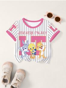 LOONEY TUNES X SHEIN Baby Girl Striped Cartoon Print Round Neck Short Sleeve Top - White - View 1