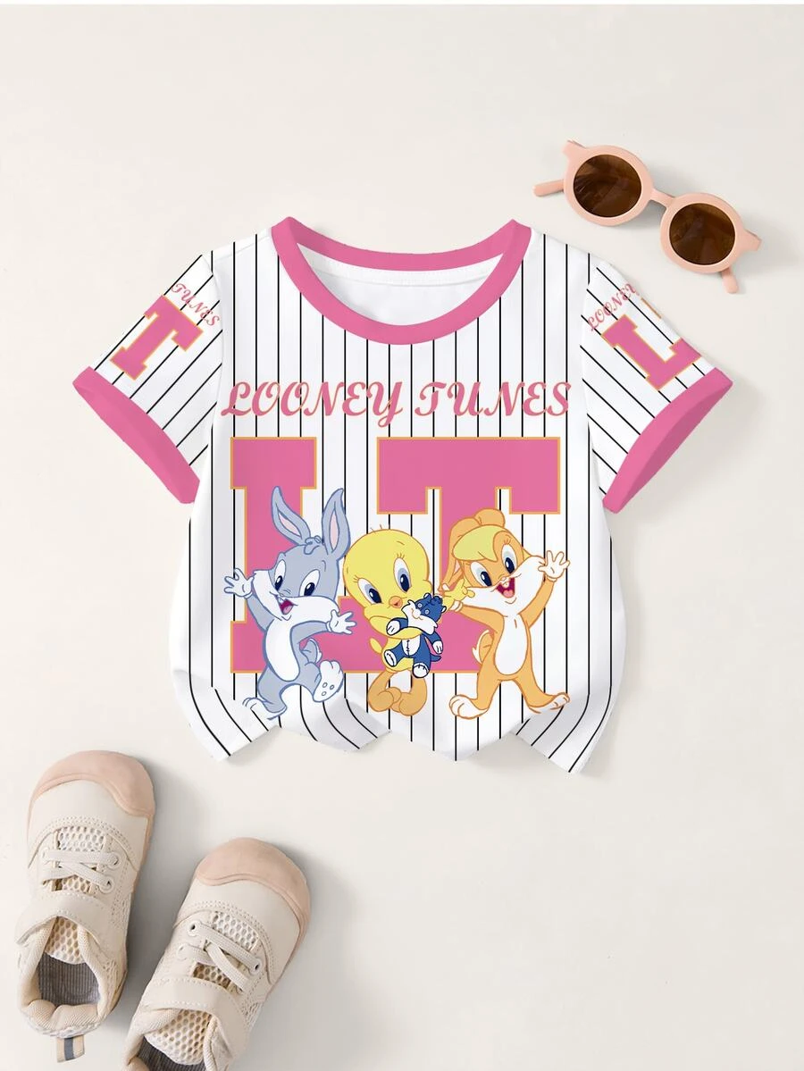 LOONEY TUNES X SHEIN Baby Girl Striped Cartoon Print Round Neck Short Sleeve Top - White - View 1