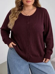 SHEIN CURVE+ 大尺碼女款素色長袖單排扣休閒針織開襟衫 - 酒紅色 - 查看 4