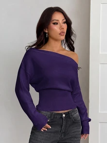 SHEIN PETITE 3D花卉不對稱單肩米色秋冬浪漫寬鬆針織毛衣 - 紫色 - 查看 6