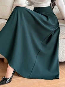 DAZY Dark Green High Waist Button Decor A-Line Flared Elegant Commute Midi Skirt Women Autumn Winter - Khaki - View 4