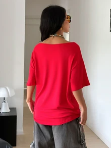 StreetHx 女款露肩寬鬆版型 Howdy Y'all 西部牛仔公牛頭白色大碼加大號 T-shirt - 紅色 - 查看 2