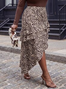 Slaydiva Sexy Elegant Date Zebra Print Multi-Layer Ruffle Asymmetrical Skirt Plus Size - Brown - View 10