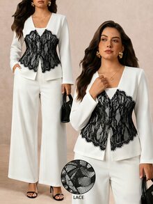Juhart Versatile Premium Contrast Lace Contrast Color Plus Size Women's Long Sleeve Jacket And Pants Elegant 2 Pieces Set - Black and White - View 1