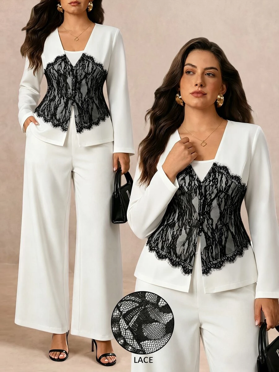 Juhart Versatile Premium Contrast Lace Contrast Color Plus Size Women's Long Sleeve Jacket And Pants Elegant 2 Pieces Set - Black and White - View 1