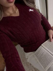 SHEIN EZwear Plus Size Vintage Fashion Embroidered Long Sleeve Pullover Sweater - Burgundy - View 1
