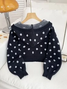 SHEIN 女童時尚休閒清新短版黑白波點秋冬連帽長袖針織開襟毛衣，柔軟舒適，適合日常穿著、外出、旅行、度假、育兒及各種場合，亦適用於秋冬季節、聖誕節、萬聖節、開學季、派對等場合，春夏秋冬百搭衣物 - 黑色 - 查看 2