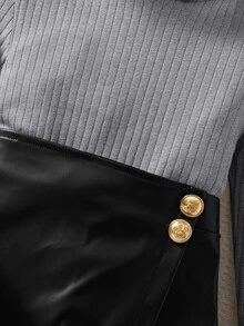 SHEIN 女童小女孩針織素色立領休閒T恤與PU皮革秋季裙 2件套 - 黑色 - 查看 7