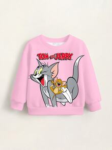 TOM & JERRY X SHEIN Young Girl Cartoon Print Crew Neck Fleece Sweatshirt - White - View 6