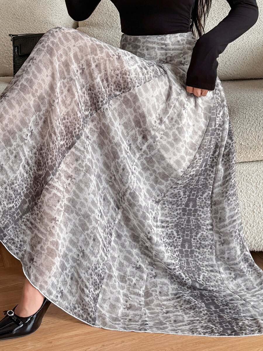 DAZY Grey Snake Print High Waist Flowy Tulle A-Line Maxi Skirt, Fashionable Versatile For Vacation And Travel Fall - Black - View 1